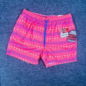 Party Sharks Mens XL Swim Trunks Pink Flamingo Palm Tree Quick Dry Shorts 6.5 In
